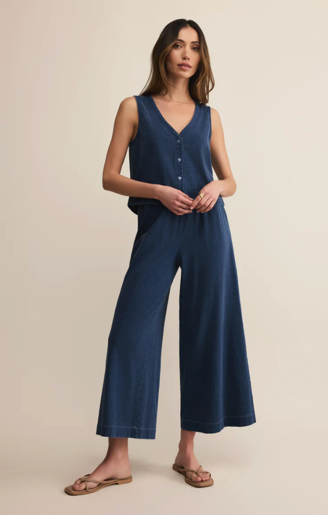 Z SUPPLY SOLACE V-NECK JERSEY DENIM TANK IN INDIGO