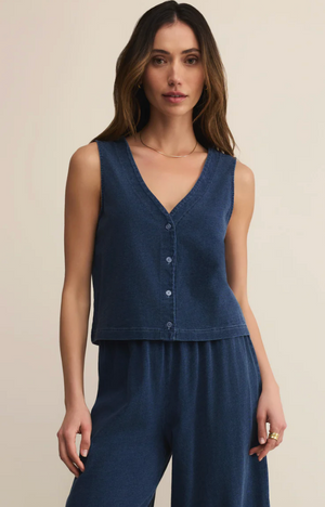 Z SUPPLY SOLACE V-NECK JERSEY DENIM TANK IN INDIGO
