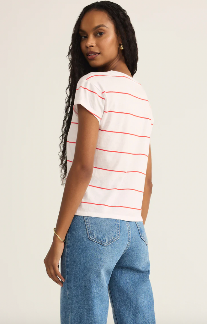 Z SUPPLY STRIPED MODERN V NECK TEE IN RED HOT