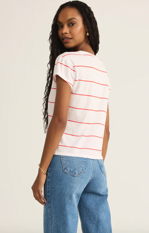 Z SUPPLY STRIPED MODERN V NECK TEE IN RED HOT