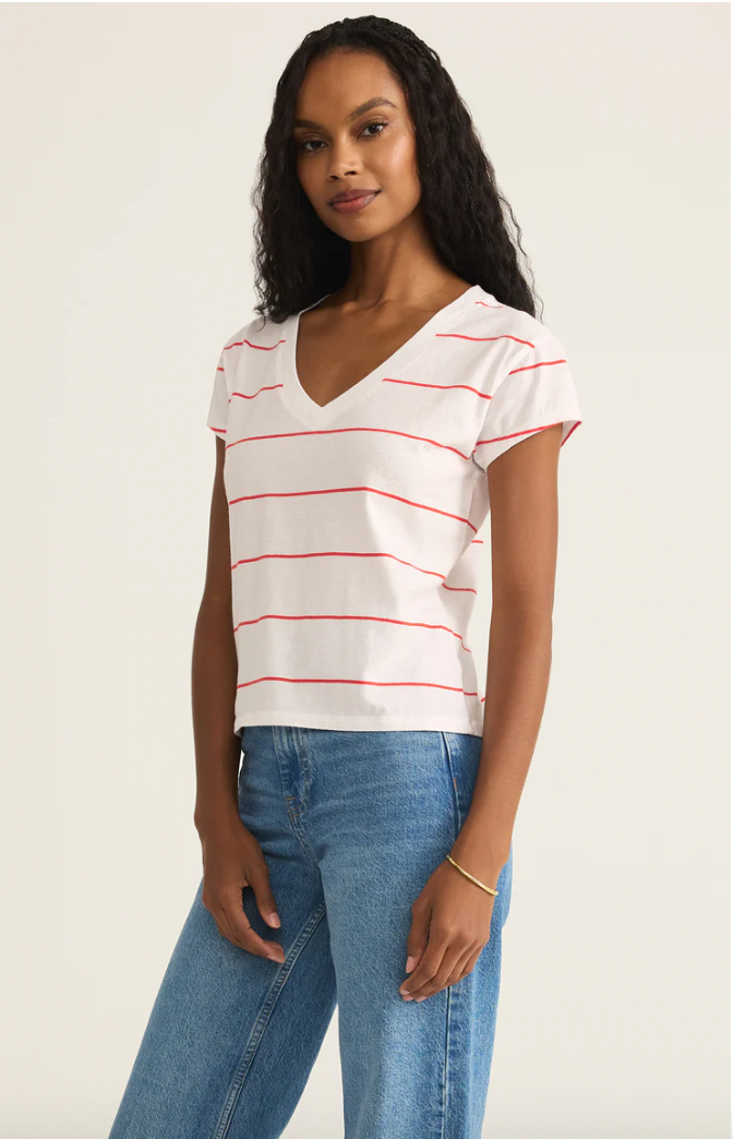 Z SUPPLY STRIPED MODERN V NECK TEE IN RED HOT