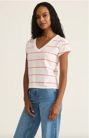Z SUPPLY STRIPED MODERN V NECK TEE IN RED HOT