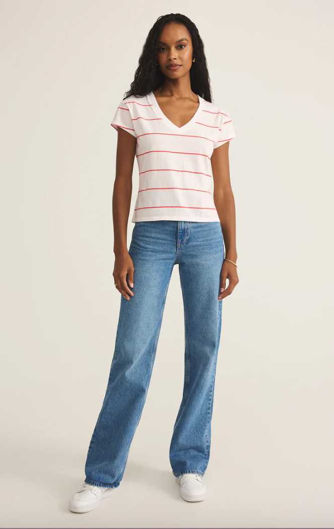 Z SUPPLY STRIPED MODERN V NECK TEE IN RED HOT