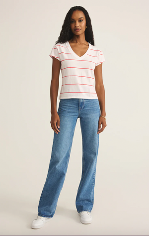 Z SUPPLY STRIPED MODERN V NECK TEE IN RED HOT