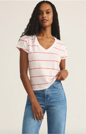 Z SUPPLY STRIPED MODERN V NECK TEE IN RED HOT