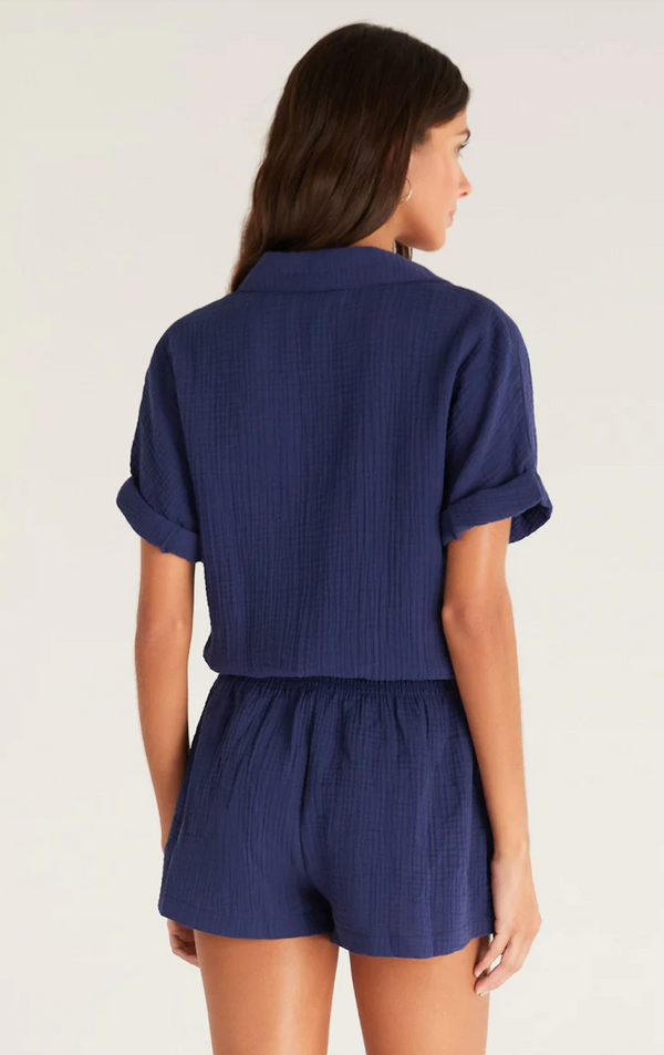 Z SUPPLY SUNTIDE GAUZE ROMPER IN INDIGO DREAM Indigeaux Denim Bar