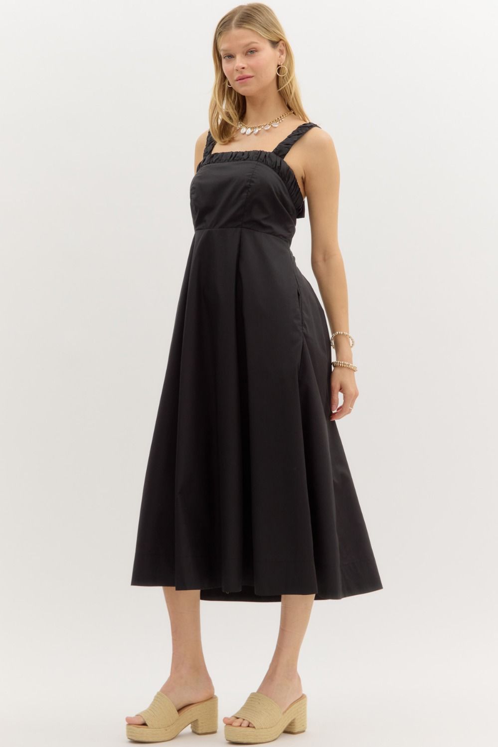 CAMILLA BOW BACK MIDI DRESS IN BLACK POPLIN