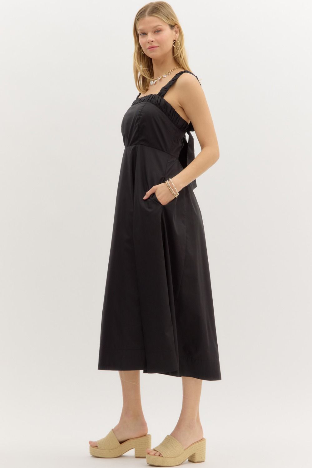 CAMILLA BOW BACK MIDI DRESS IN BLACK POPLIN