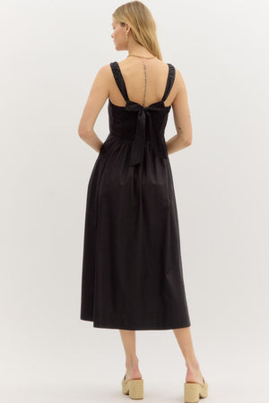 CAMILLA BOW BACK MIDI DRESS IN BLACK POPLIN