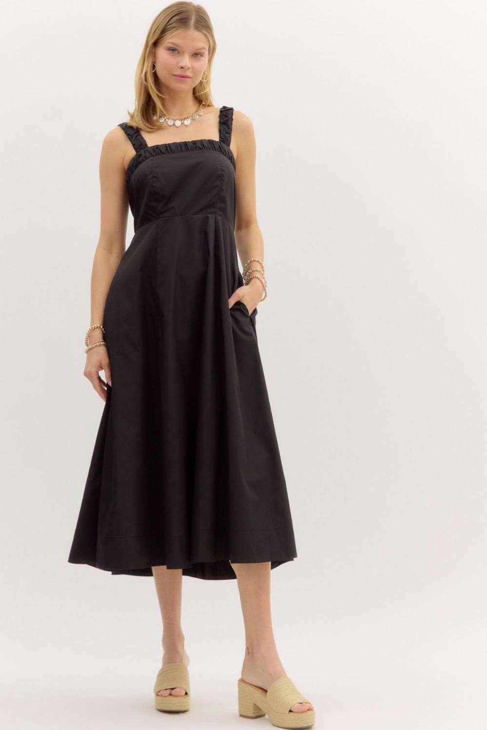 CAMILLA BOW BACK MIDI DRESS IN BLACK POPLIN
