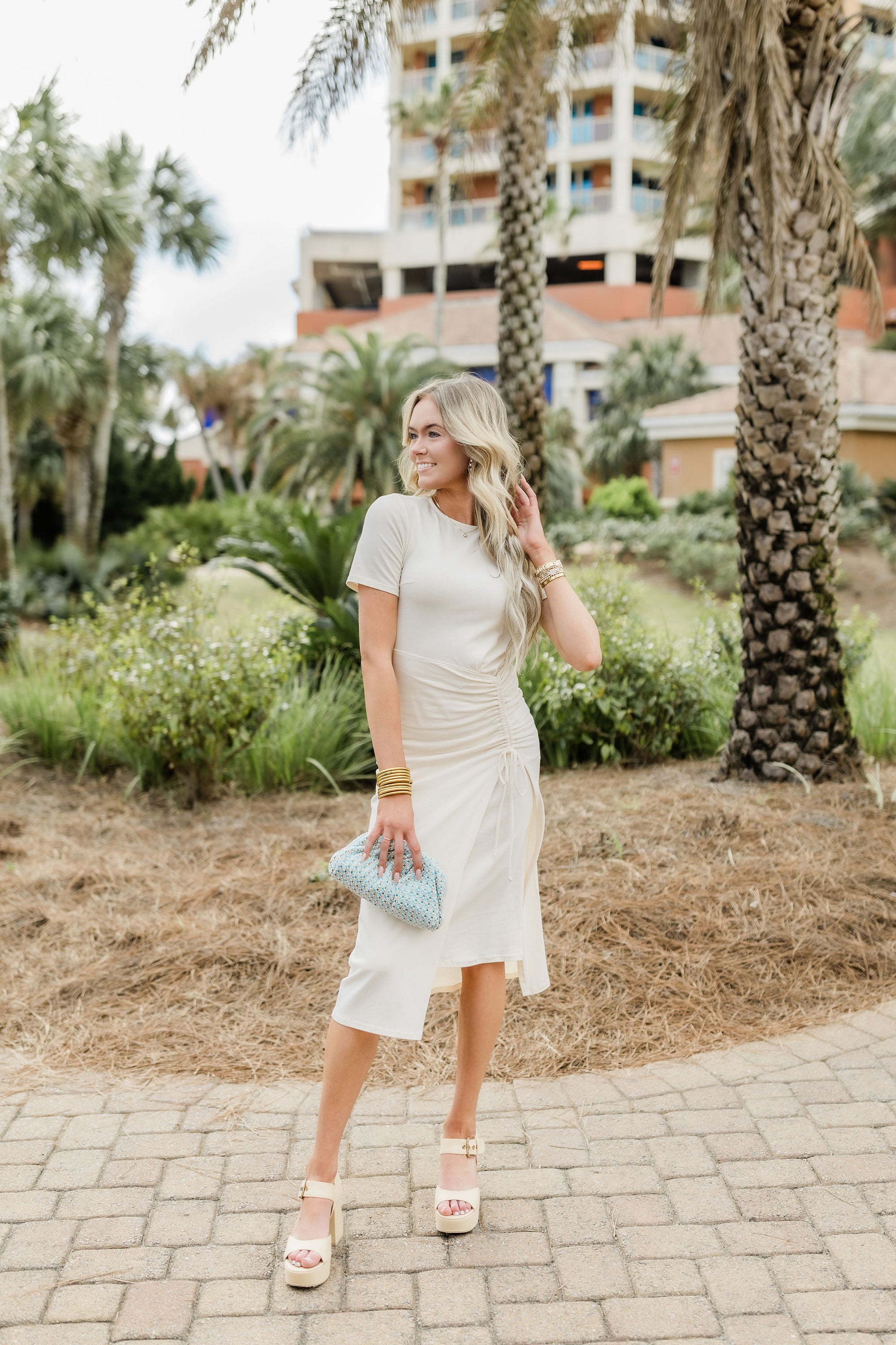 HAZE KNIT MIDI DRESS WITH SIDE RUCHE IN IVORY