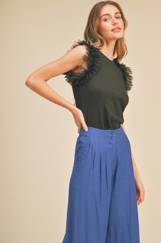 ISABEL RIBBED TOP WITH TULLE SLEEVES IN BLACK