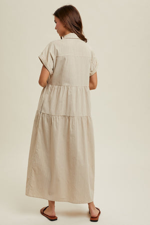 HANNAH CORDUROY BUTTON UP MIDI DRESS IN CREAM AND CHOCOLATE