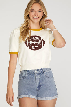 OLIVIA GAME DAY SHORT SLEEVE SWEATER TOP IN GOLD