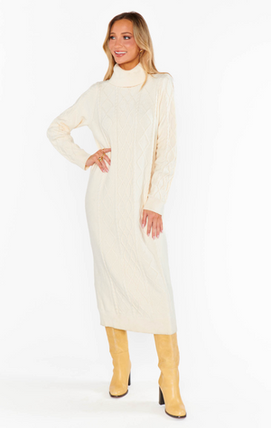 SHOW ME YOUR MUMU MONTREAL MIDI DRESS IN CREAM CABLE KNIT