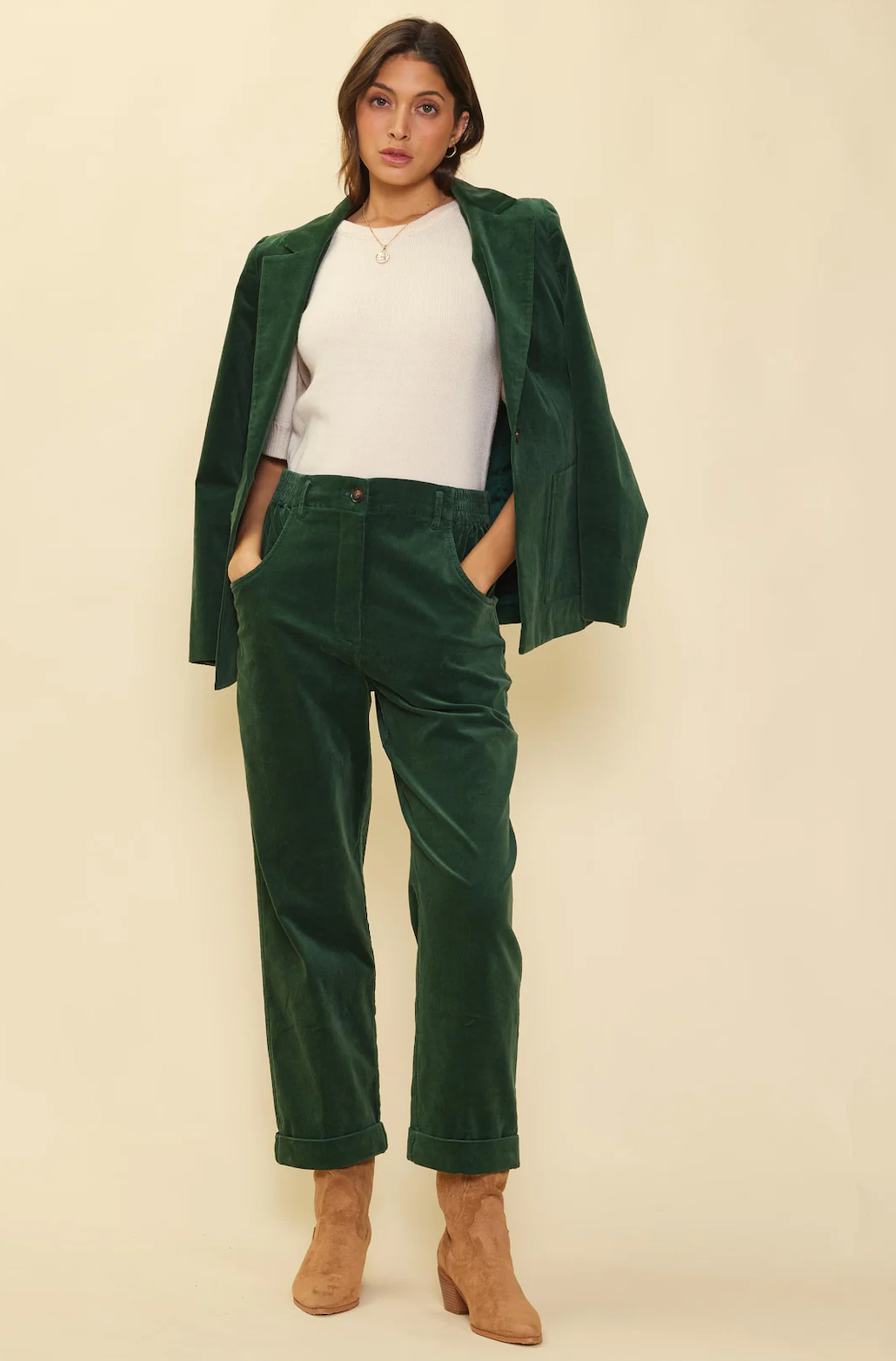 WILLIE CORDUROY CROPPED PANTS IN GEMSTONE GREEN