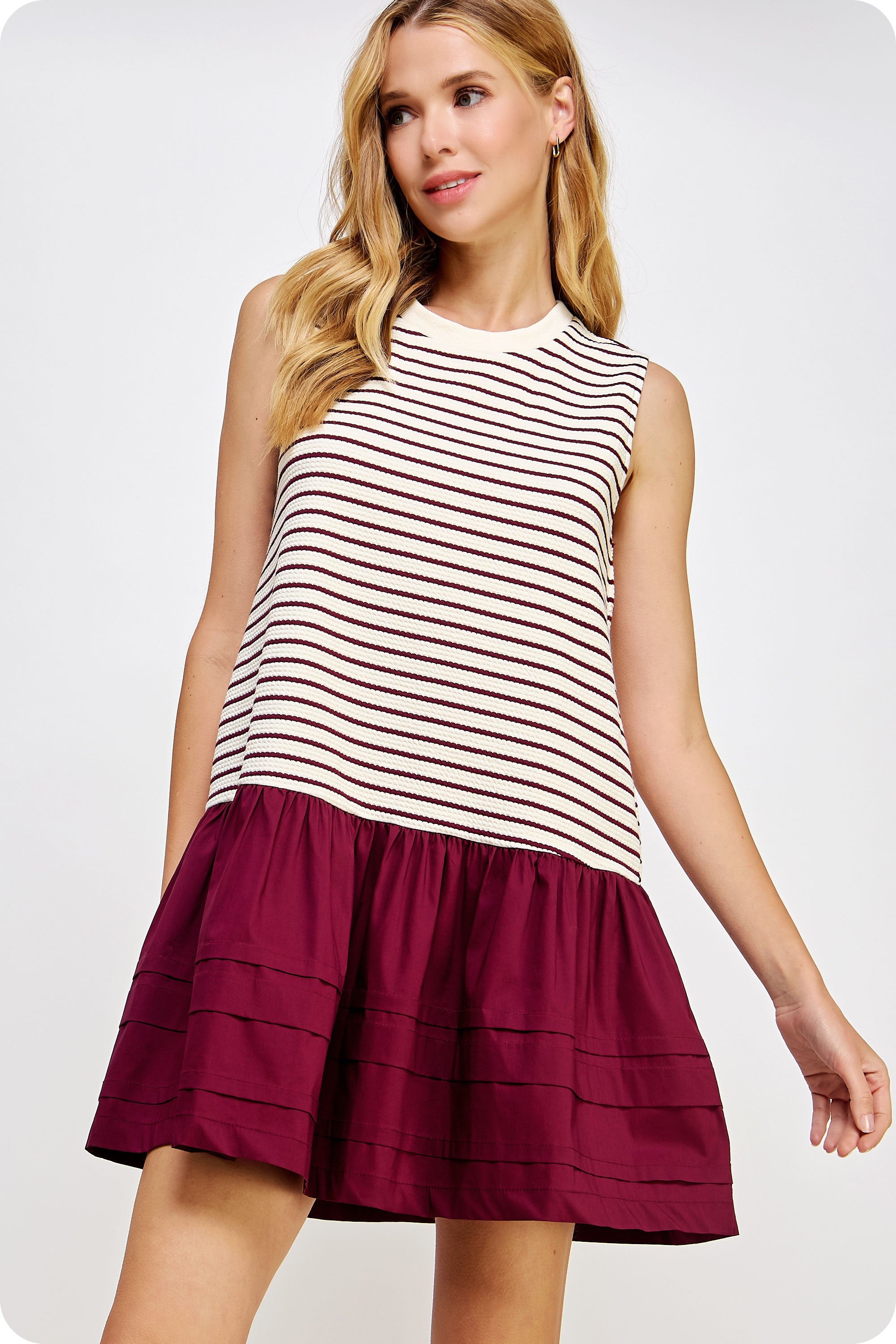 NOLEN MIXED MEDIA STRIPE KNIT MINI DRESS IN BURGUNDY STIPE