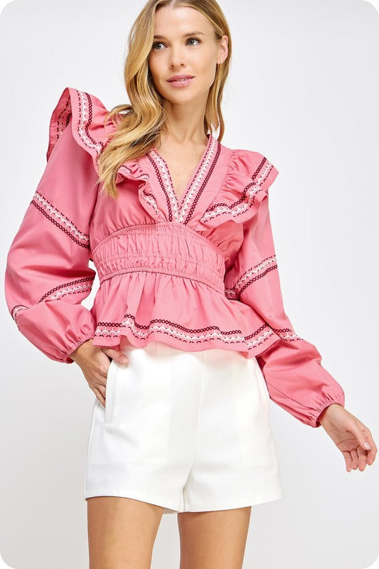 KELLER RUFFLE TOP IN TEA ROSE