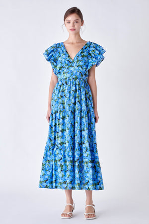 MARLY PRINTED OPEN BACK MAXI DRESS IN BLUE