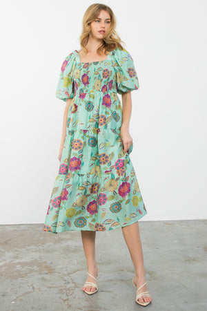 LOXLEY PUFF SLEEVE FLOWER PRINT DRESS IN SAGE