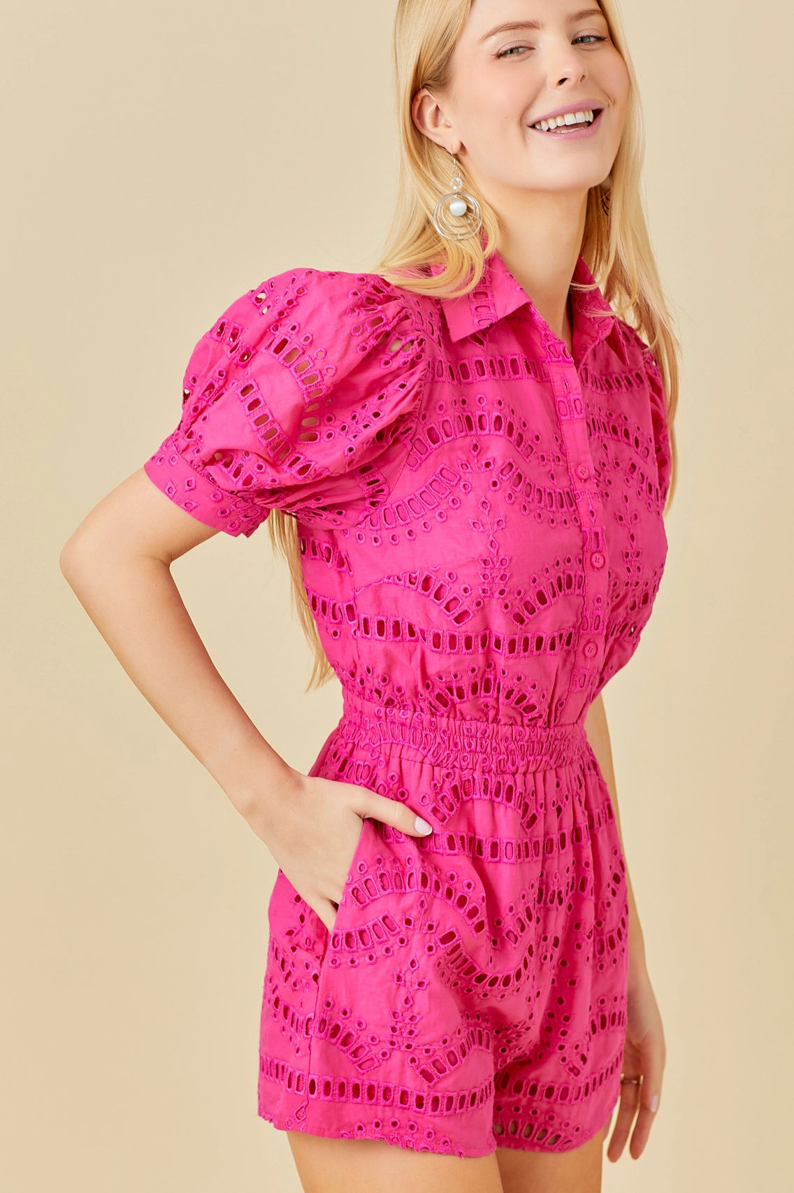 CLAIRE EYELET LACE PUFF SLEEVE ROMPER IN PINK