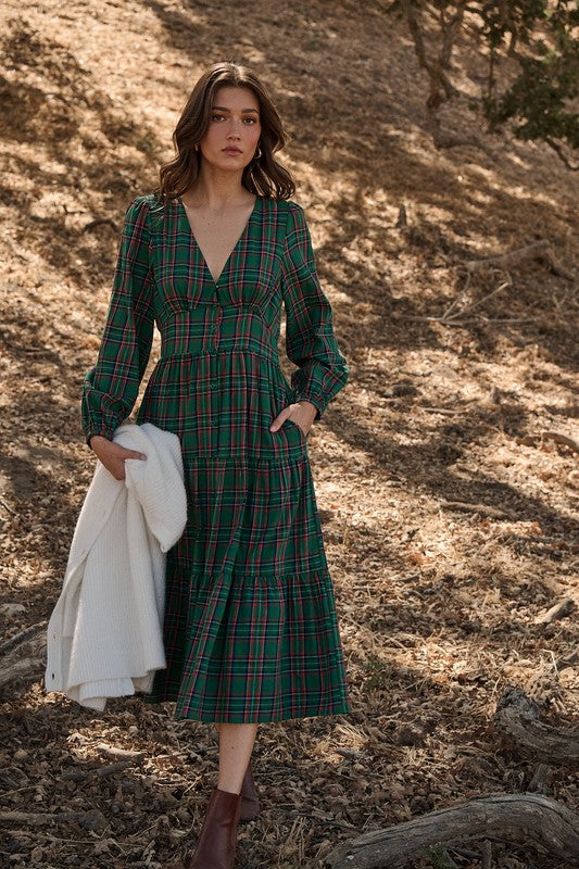 JACE PLAID BUTTON UP MIDI DRESS IN GREEN