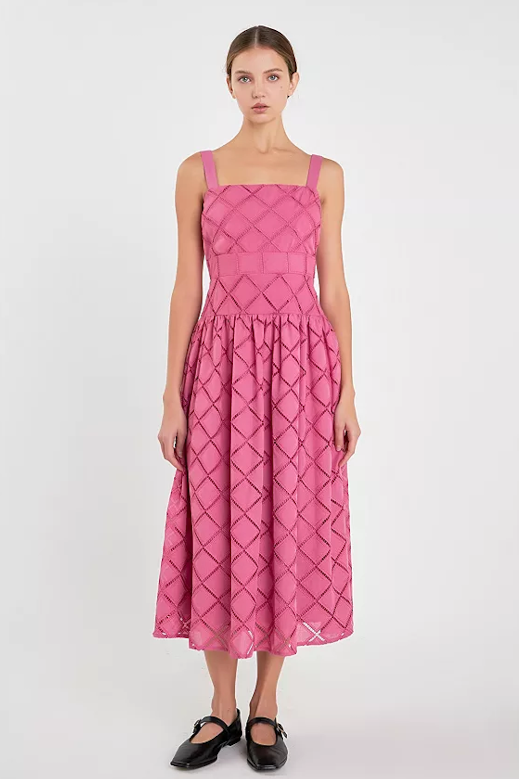 ELAINE EMBROIDERED LACE MIDI DRESS IN BERRY PINK