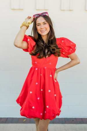 JUDY HEART EMBROIDERED BUBBLE DRESS IN RED