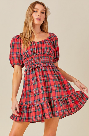 SHERRI SMOCKED WAIST DRESS IN RED CHECK