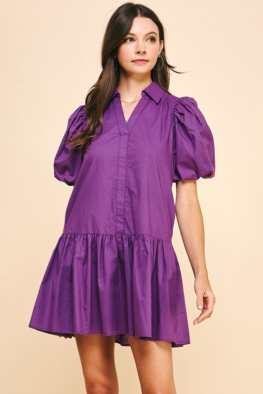 ASTER COLLARED TIERED MINI DRESS IN PURPLE