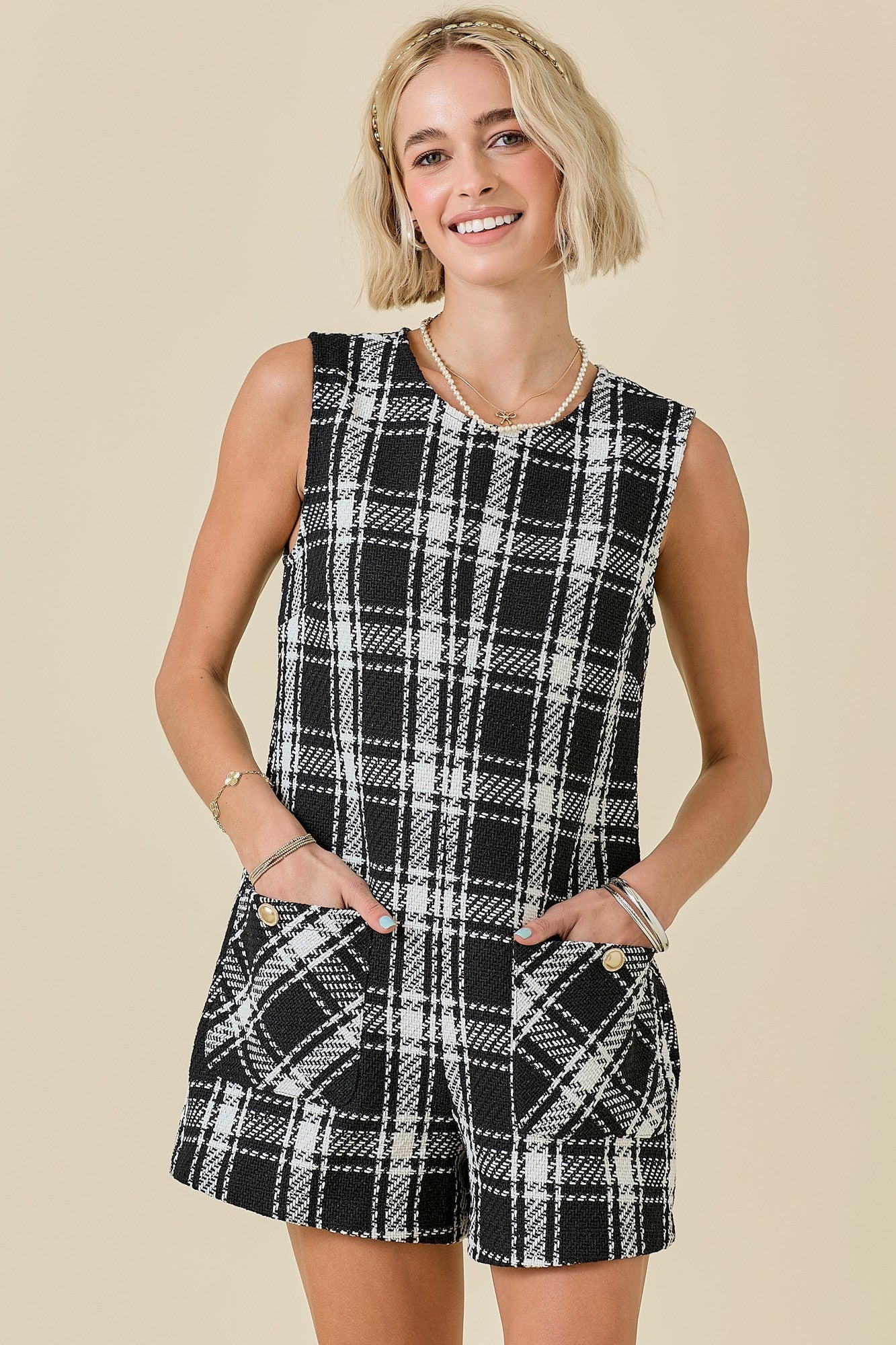 ANNIE TWEED ROMPER IN BLACK AND WHITE