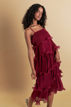 ENDLESS ROSE TIERED LONG DRESS IN BURGUNDY