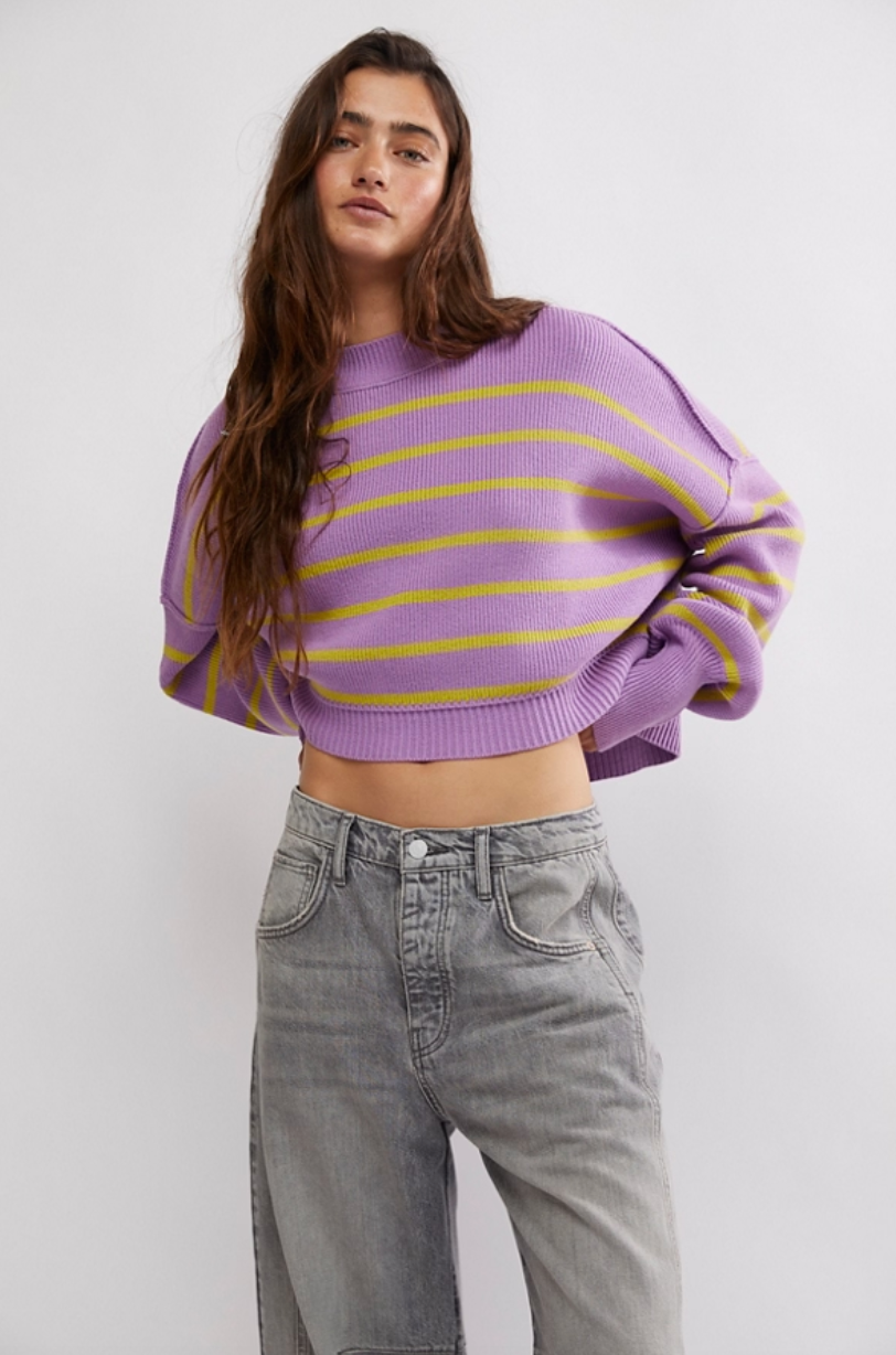 FREE PEOPLE STRIPE EASY CROP SWEATER IN IRIS ORCHID