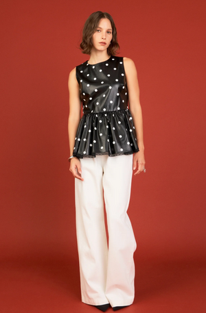 ENGLISH FACTORY POLKA DOT PEPLUM TOP IN BLACK