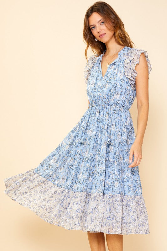 SIENNA TIERED FLORAL DRESS IN DUSTY BLUE CREAM