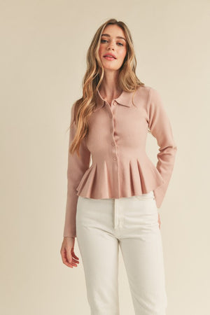 BRYN PEPLUM SWEATER TOP IN DUSTY MAUVE