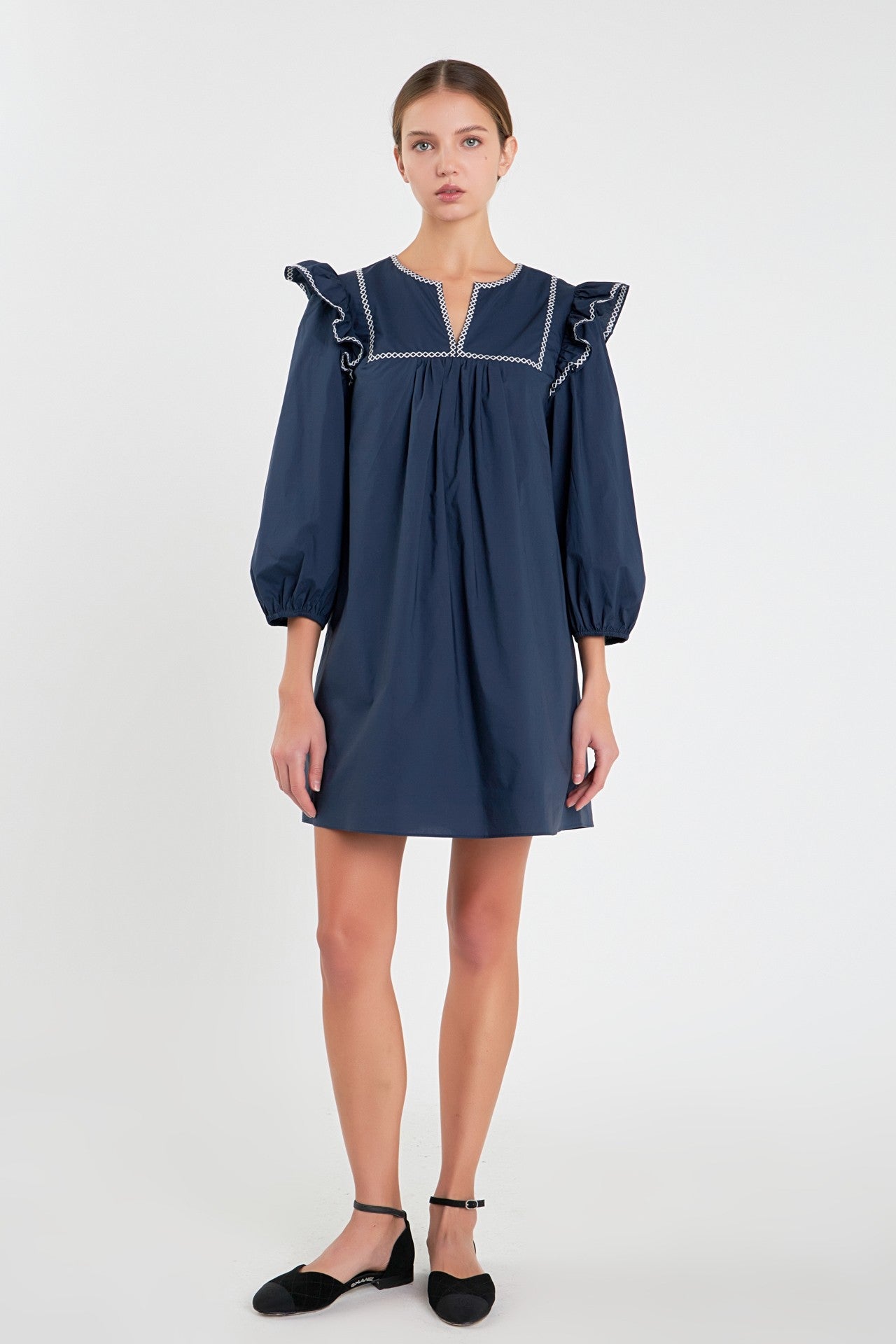 JOSIE CONTRAST EMBROIDERED MINI DRESS IN NAVY & WHITE