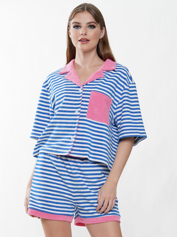 LEO TERRY CLOTH BUTTON UP TOP IN BLUE AND PINK