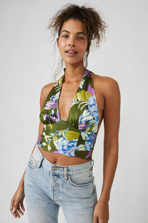 FREE PEOPLE SERAPHINA HALTER TOP IN BRIGHT OLIVE COMBO