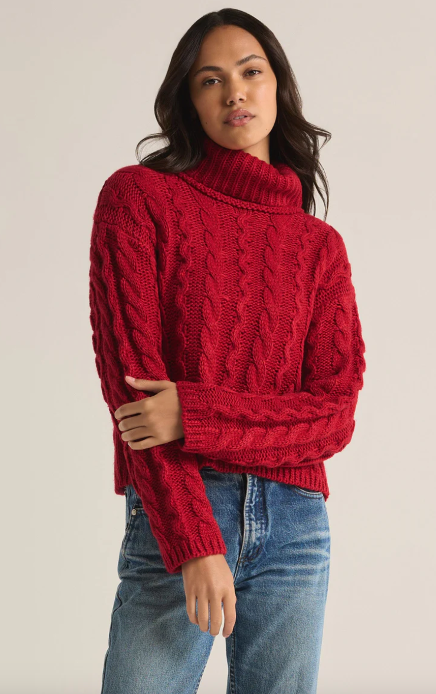 Z SUPPLY TIED TO YOU CABLE KNIT TURTLENECK SWEATER IN HAUTE RED