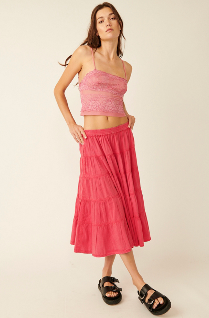 FREE PEOPLE FULL SWING MIDI SKIRT IN DRAGONFRUIT SORBET