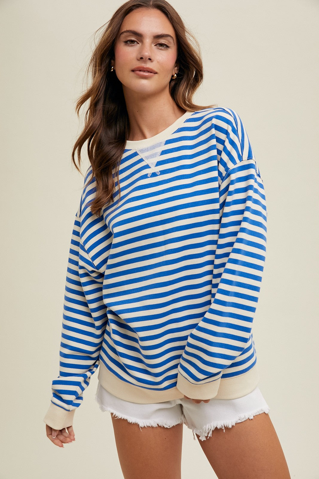 CALLIE STRIPED CREWNECK PULLOVER IN BLUE AND CREAM