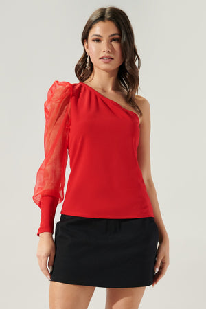 MERI ORGANZA ONE SHOULDER TOP IN RED