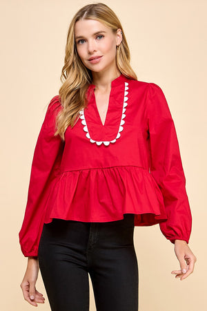 ALANA SPLIT VNECK LONG SLEEVE TOP IN CRIMSON