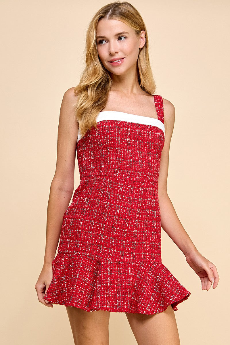 VALERIE WIDE STRAP TWEED DRESS IN RED