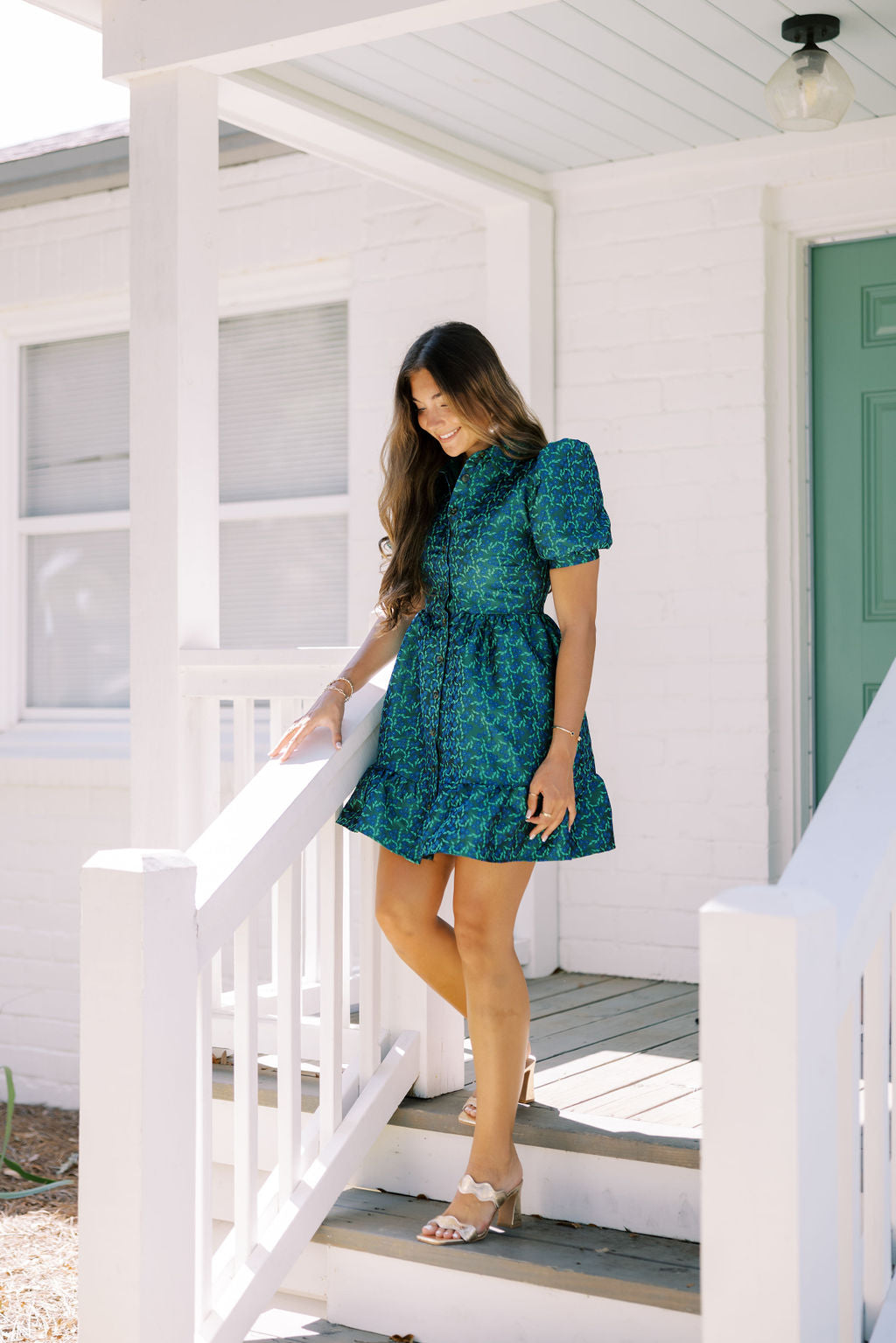 JOVIE FLORAL JACQUARD DRESS IN GREEN & BLUE