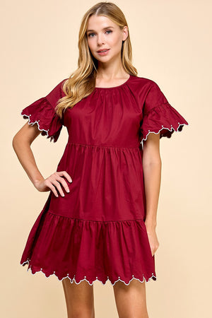 KELLI RUFFLE HEM DRESS IN BURGUNDY