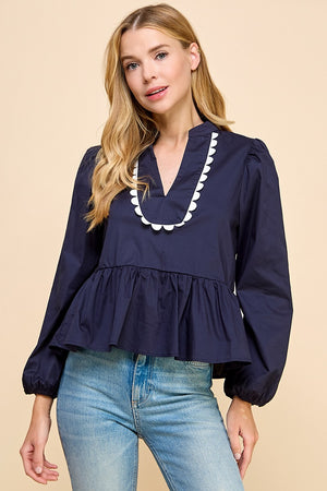 ALANA SPLIT VNECK LONG SLEEVE TOP IN NAVY