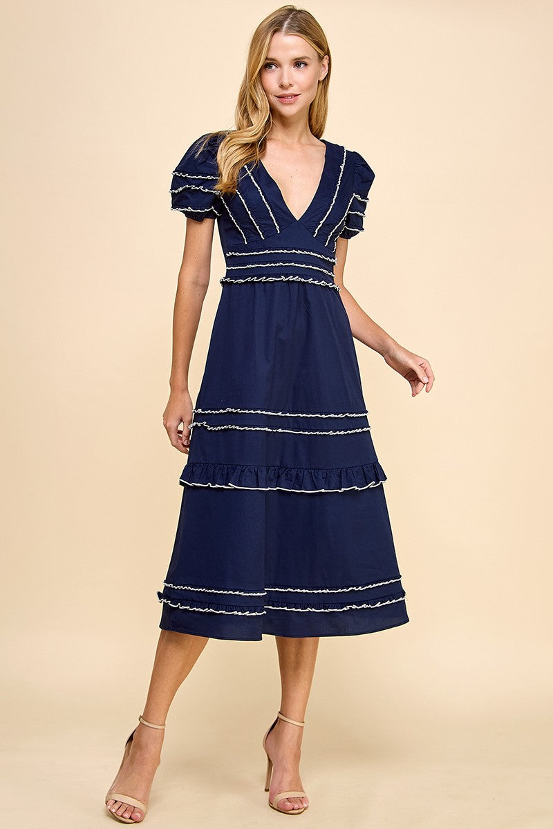 JOSEPHINE V-NECK STRIPED MIDI DRESS IN NAVY