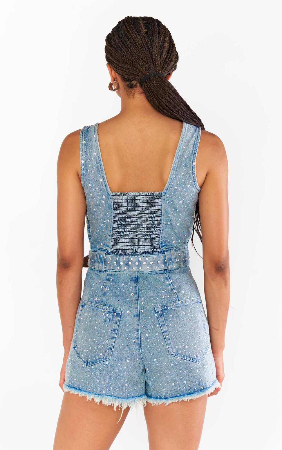 SHOW ME YOUR MUMU SPEARS ROMPER IN EMBELLISHED INDIGO